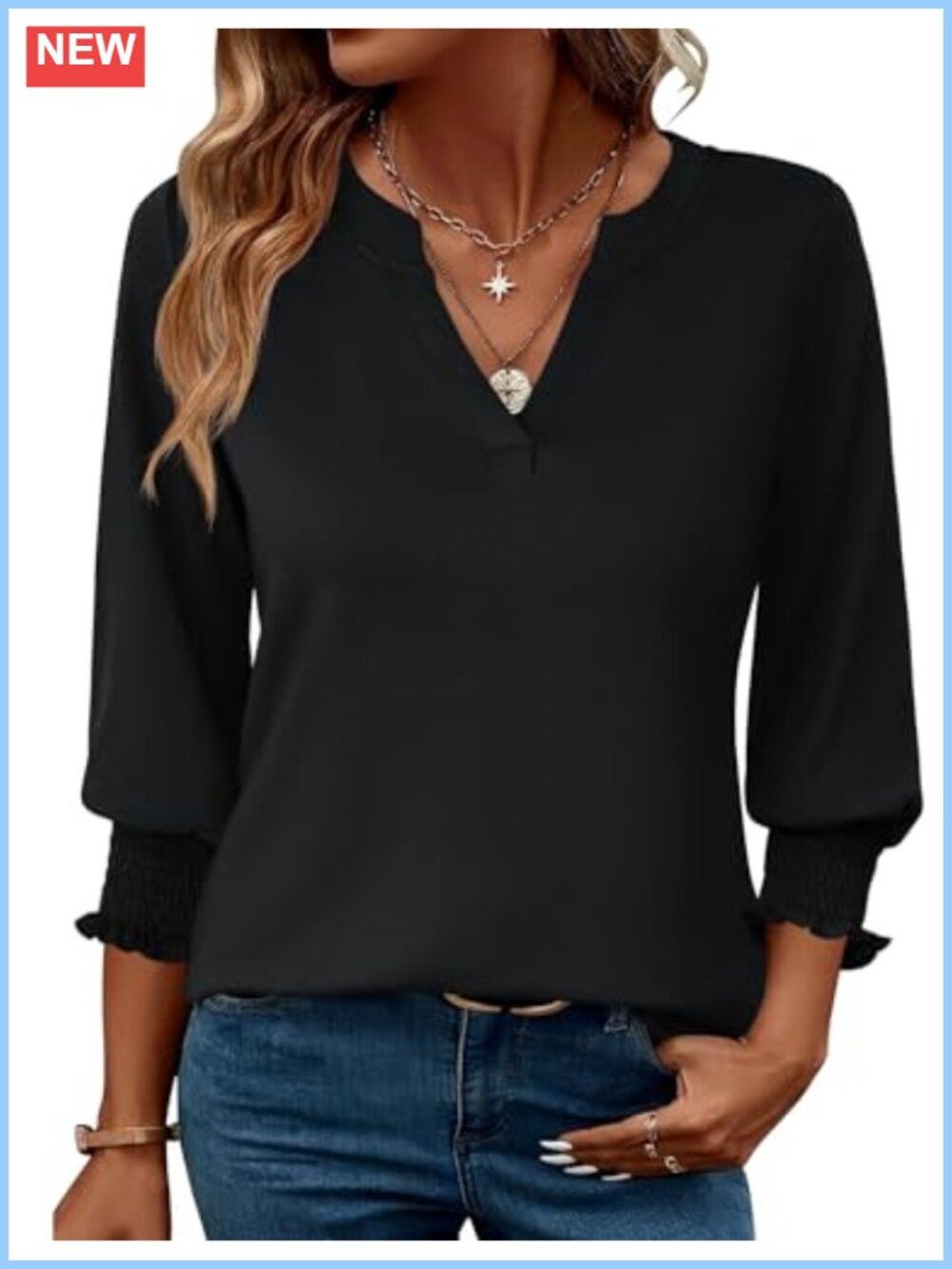 LOMON Womens 3/4 Sleeve V-Neck Blouse Ruffle Cuff Business Casual Top
